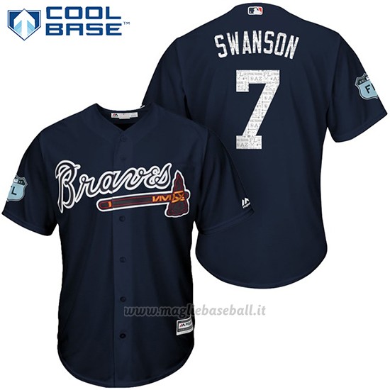 Maglia Baseball Uomo Atlanta Braves 3 Dansby Swanson Blu 2017 Allenamento Primaverile Cool Base